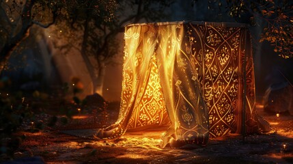 A canvas tent nestled among thick forest undergrowth, bathed in the warm glow of golden fairy...