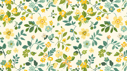Fototapeta premium Yellow floral pattern on cream background. Seamless pattern with yellow floral and green leaves on cream background, perfect for spring and summer projects.