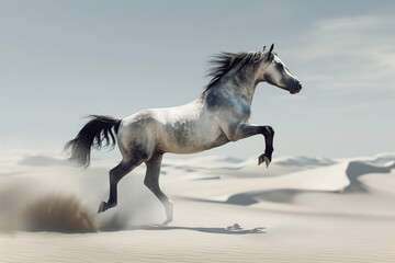 Fototapeta premium A majestic gray and black horse rearing up in the desert, white sand dunes, ethereal atmosphere, soft shadows, minimal contrast. Horizontal. Space for copy. 