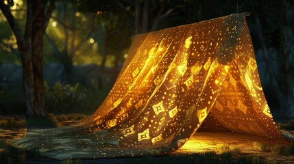 A secluded tent set up in a dense forest, illuminated from within by glowing golden lights at night.