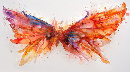 A whimsical watercolor painting of a fairy wing adorned with sparkles, set against a white background