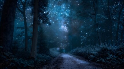 Evening hike under a starry night sky, highlighting the peacefulness and tranquility of a moonlit forest path