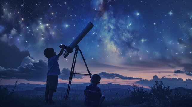 Scene of two brothers enjoying a night out in a park, a boy gazing up at the stars with a telescope, digital illustration painting style