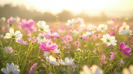 An expansive landscape of a multi-colored flower field bathed in the golden glow of the late afternoon sun. 