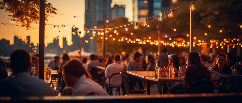 Vibrant Rooftop Bar with Sunset Over City