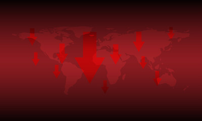 Red arrow graph drop arrow down with world map on red background. Money losing. Stock crisis and finance concept.