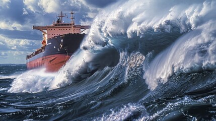 A large ship struggles against a towering wave in a stormy sea.