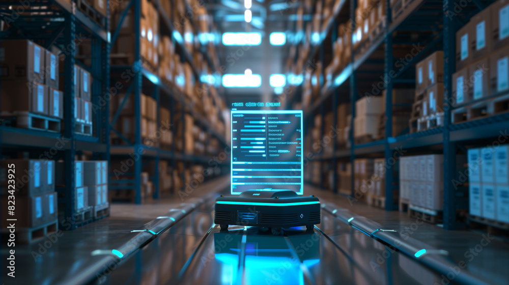 Poster modern ai robot working in a smart warehouse managing and checking the stocks of products using augm