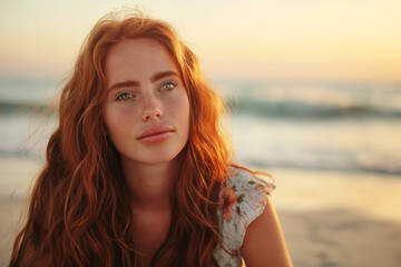 Portrait of a young woman at sunset beach, with red hair, dreamy expression, floral dress, ocean background. - Powered by Adobe