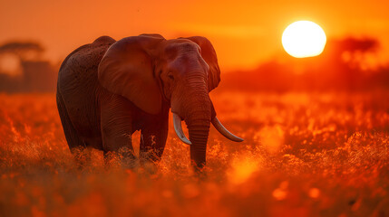 African Elephant Strolling at Sunset in the Savanna