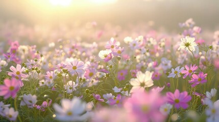 A sprawling field of wildflowers under the radiant sun, with brilliant sunrays cutting through a light morning haze.