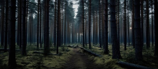 The interior of the pine forest is dark and eerie