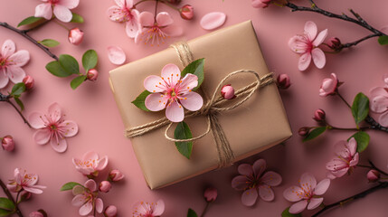 Elegant Gift Box Surrounded by Blossoming Pink Flowers