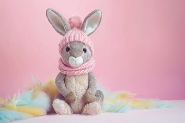 adorable kangaroo plush toy in winter clothes sitting on pastel background kids room decor photography