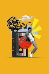 Composite sketch image trend artwork photo collage of orange color backdrop young man dance funky retro vintage cassette music listen tape