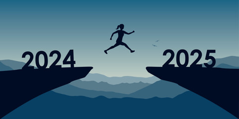 woman jumping over a cliff from 2024 to 2025 vector ilustration