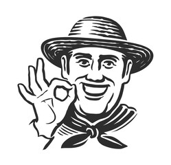 Portrait of middle aged male farmer in straw hat. Farm worker smiling, emblem and badge. Black and white sketch drawing