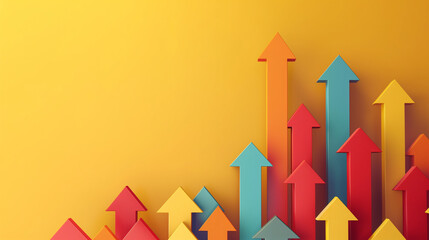 Business growth competition success process concept with colorful arrows going up on yellow trendy background with copy space for text