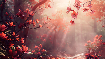 Magical forest with blooming red flowers. A dreamy scene of a sunlit forest path with beautiful red flowers and glowing sunlight.
