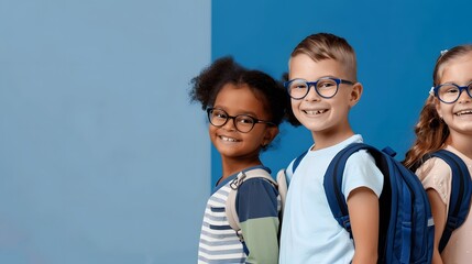Diverse group of cheerful school children wearing glasses and backpacks, ready for a new school day, against a blue background.
