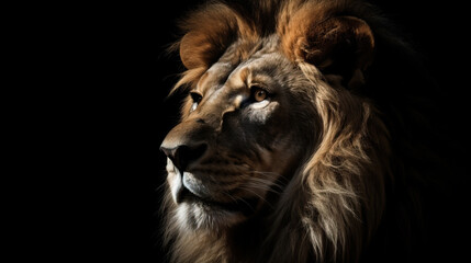 Close up of great lion head isolated in black background. Wildlife animal background concept.