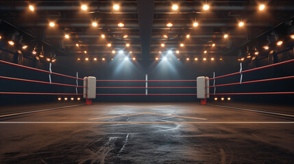 empty professional lit  boxing matches training session ring arena with spotlight, Combat Sports...