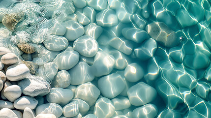 Underwater View of Smooth Pebbles with Sunlight Reflections