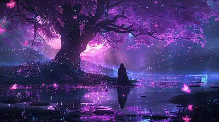 Fototapeta premium Magical night under the sakura tree. Enchanting night scene with a lone figure under a glowing sakura tree, fireflies, and a dreamy cityscape in the background. Perfect for fantasy or nature themes.