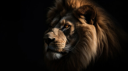 Close up of great lion head isolated in black background. Wildlife animal background concept.