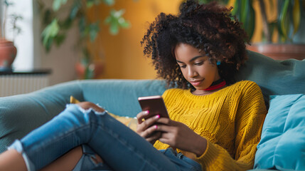 Young woman relaxing on the couch looking at her smartphone