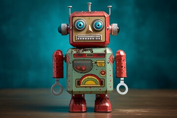 Colorful retro robot toy with a vintage look, posed against a blue backdrop