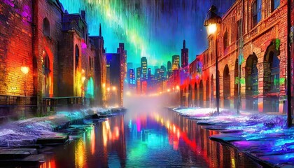 Brick Wall City Scape with fog and river at winter
