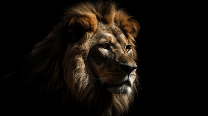 Close up of great lion head isolated in black background. Wildlife animal background concept.