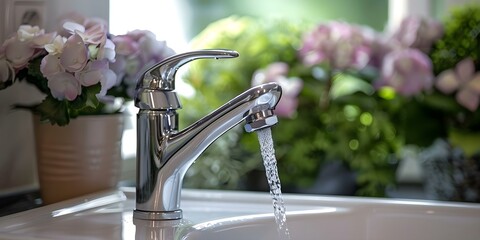 Save water by using efficient faucets and being mindful of water usage. Concept Water Conservation, Efficient Faucets, Mindful Usage, Sustainability, Eco-Friendly Choices
