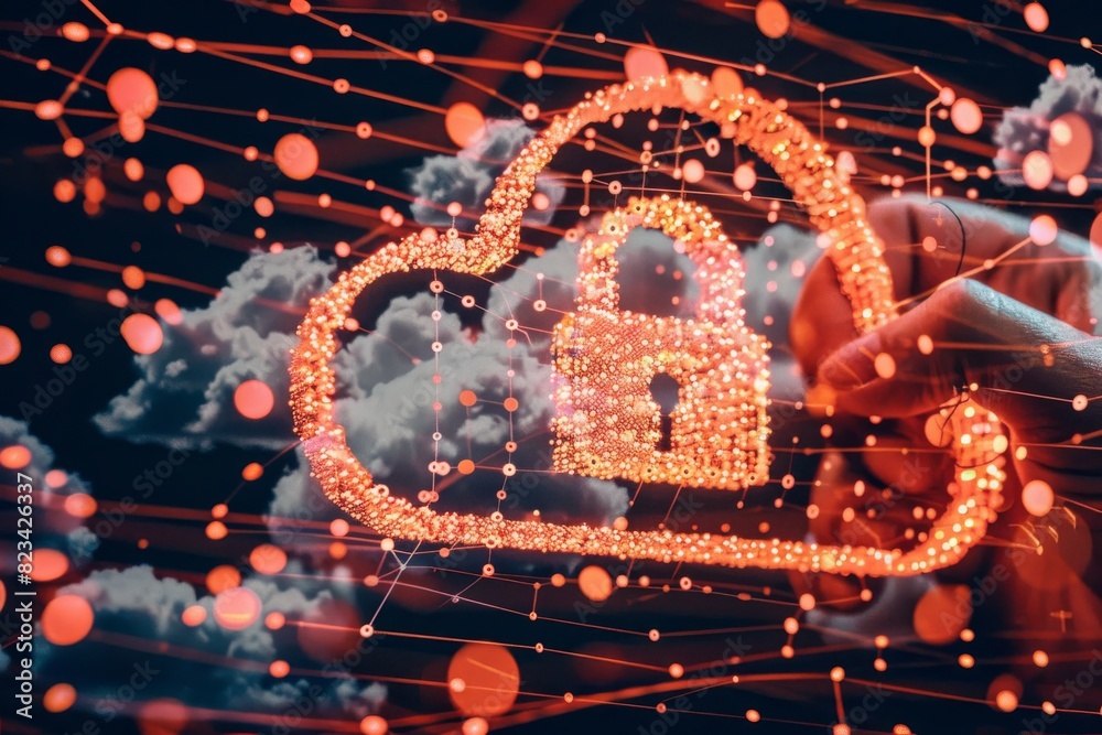 Sticker Dynamic cloud padlock image with glowing particles, representing secure cloud data and technological protection.