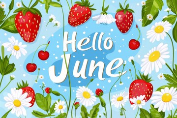 summer background, illustration with the inscription Hello June with summer berries and flowers