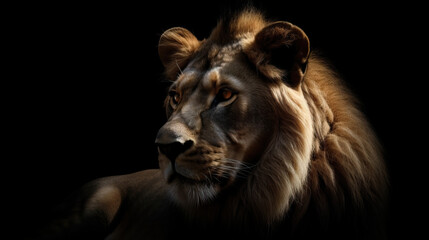 Close up of great lion head isolated in black background. Wildlife animal background concept.