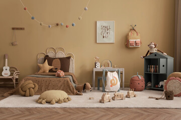 Warm and cozy child room interior with mock up poster frame, braided bed, gray desk with chair,...
