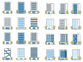 Office buildings color vector icon collection