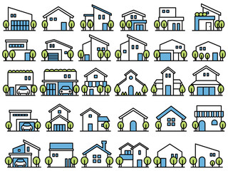 Simple various types of houses color vector icon collection