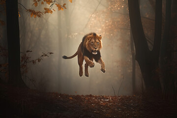 Great lion running and jump in the forest. Animal wildlife in the nature concept.