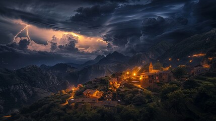 Stormy night over a village with lightning