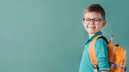 Smiling young boy with glasses and backpack ready for school, standing against a green background. - Powered by Adobe