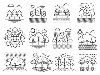 Forest and countryside landscape line icon collection