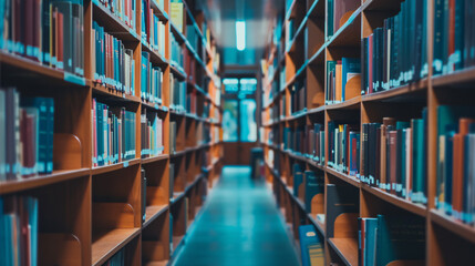 Fototapeta premium Library bookshelves knowledge center. Rows of bookshelves packed with books in a library, creating a sense of knowledge and learning.