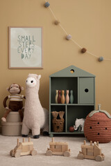 Interior design of warm kids room with mock up poster frame, green shelf, plush lama, yellow wall,...