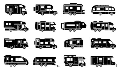 Camper van flat vector silhouette icon collection