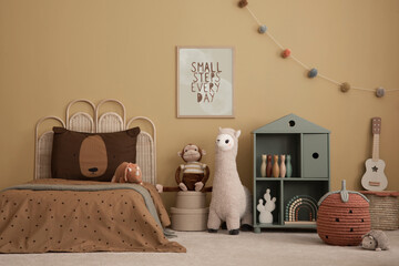 Yellow kids room interior with mock up poster frame, braided bed, green shelf, plush lampa, monkey, guitar, brown bedding, rug, basket, colorful toys and personal accessories. Home decor. Template.