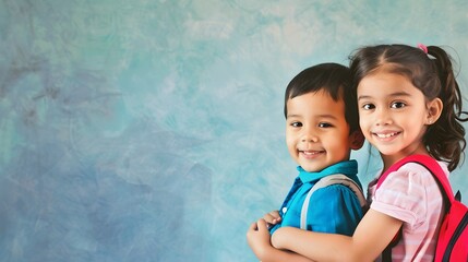 Two cheerful children with backpacks smiling at the camera, standing against a colorful background, ready for a fun day at school.