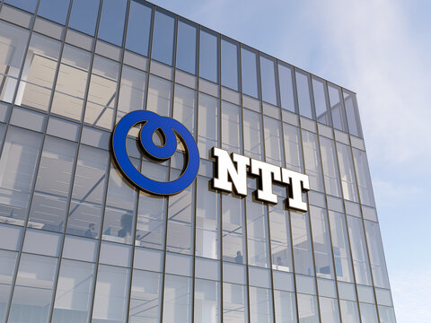 Tokyo, Japan. May 2, 2025. Editorial Use Only, 3D CGI. NTT Signage Logo on Top of Glass Building. Workplace Telecommunications Equipment Company Office Headquarters.